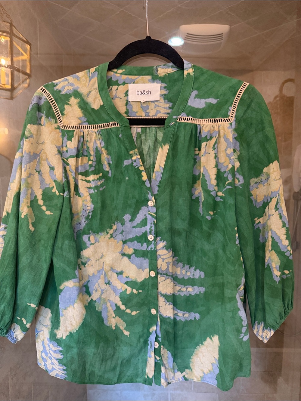 ba&sh Green Floral Print Button-Up Blouse with Cream & Light Blue Accents